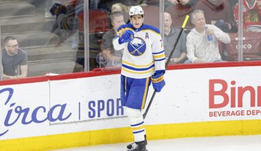 Apr 13, 2026; Chicago, Illinois, USA; Buffalo Sabres center Tage Thompson (72) celebrates after scoring against the Chicago Blackhawks during the third period at United Center. Mandatory Credit: Kamil Krzaczynski-Imagn Images