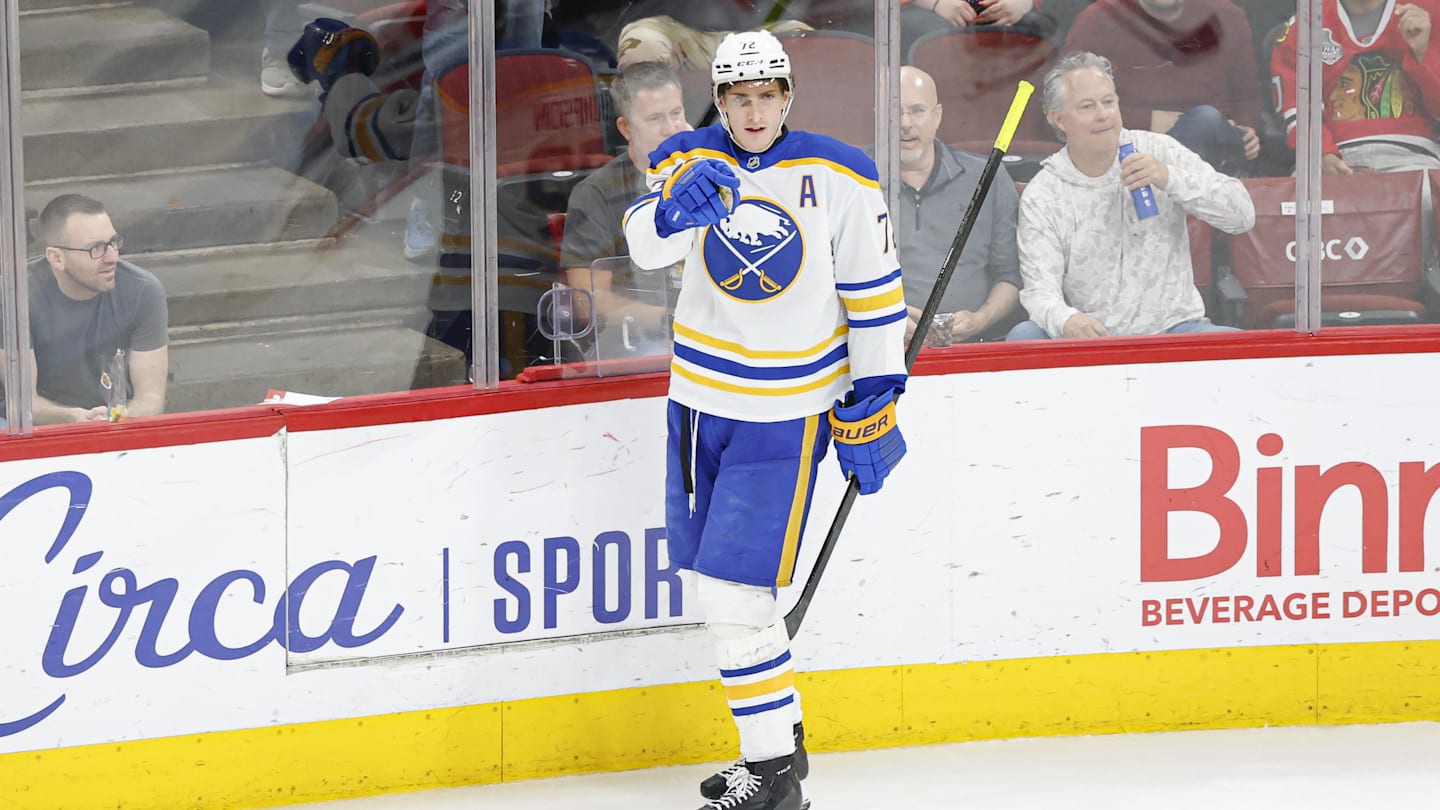 Apr 13, 2026; Chicago, Illinois, USA; Buffalo Sabres center Tage Thompson (72) celebrates after scoring against the Chicago Blackhawks during the third period at United Center. Mandatory Credit: Kamil Krzaczynski-Imagn Images
