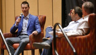 Former Coyotes GM John Chayka answers questions from Matt McConnell (R)