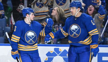 Apr 15, 2026; Buffalo, New York, USA; Buffalo Sabres left wing Zach Benson (6) celebrates scoring a goal against the Dallas Stars with defenseman Luke Schenn (5) in the second period at KeyBank Center. Mandatory Credit: Mark Konezny-Imagn Images