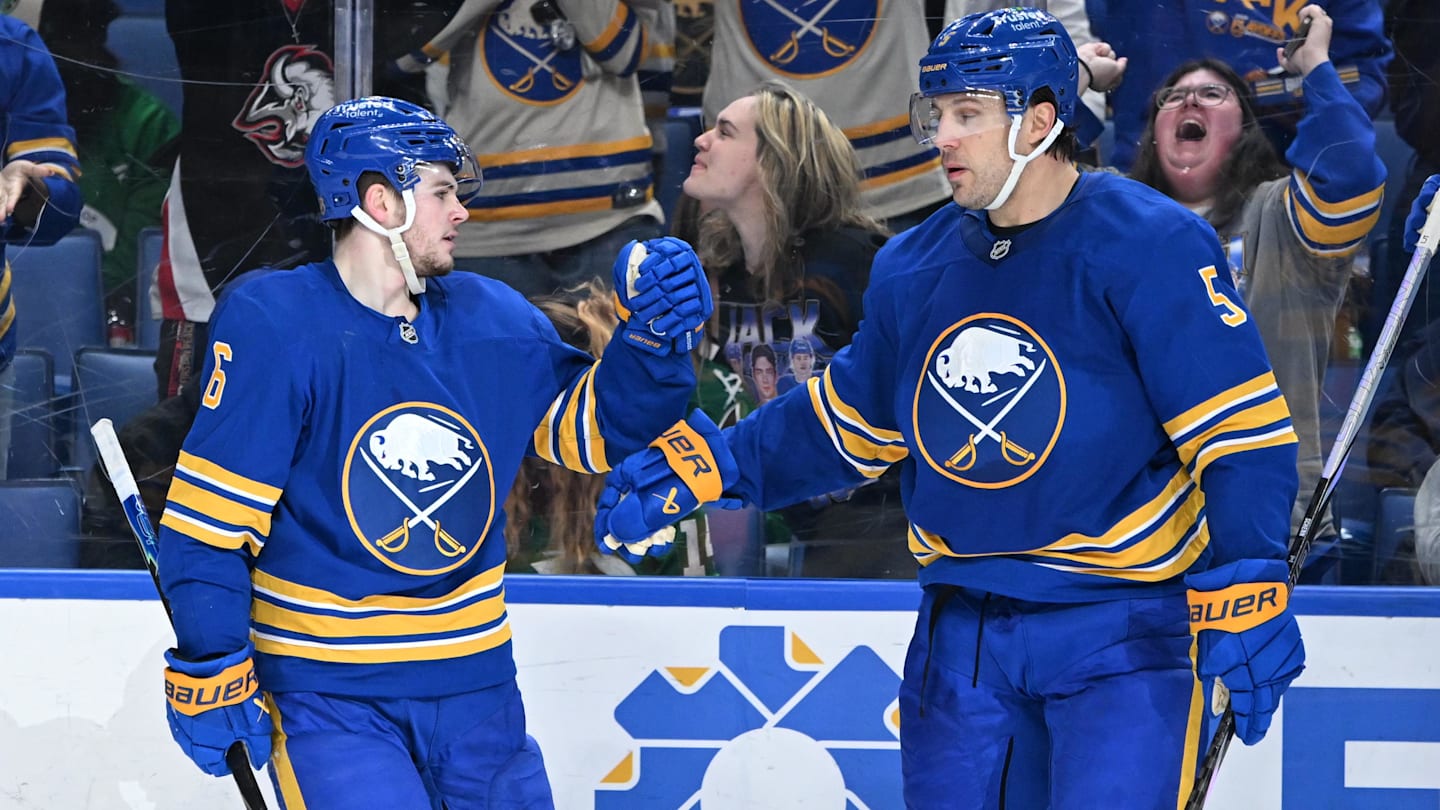 Apr 15, 2026; Buffalo, New York, USA; Buffalo Sabres left wing Zach Benson (6) celebrates scoring a goal against the Dallas Stars with defenseman Luke Schenn (5) in the second period at KeyBank Center. Mandatory Credit: Mark Konezny-Imagn Images