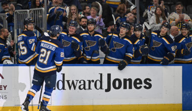 Apr 13, 2026; St. Louis, Missouri, USA; St. Louis Blues right wing Jimmy Snuggerud (21) is congratulated after scoring an empty net goal against the Minnesota Wild in the third period at Enterprise Center. Mandatory Credit: Joe Puetz-Imagn Images