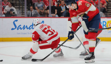 Apr 15, 2026; Sunrise, Florida, USA; Florida Panthers defenseman Mikulas Hovorka (96) moves the puck against Detroit Red Wings defenseman Travis Hamonic (52) during the second period at Amerant Bank Arena. Mandatory Credit: Sam Navarro-Imagn Images