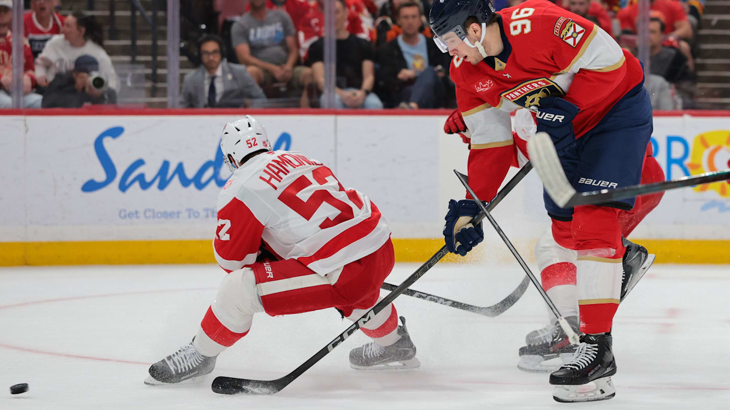 Apr 15, 2026; Sunrise, Florida, USA; Florida Panthers defenseman Mikulas Hovorka (96) moves the puck against Detroit Red Wings defenseman Travis Hamonic (52) during the second period at Amerant Bank Arena. Mandatory Credit: Sam Navarro-Imagn Images