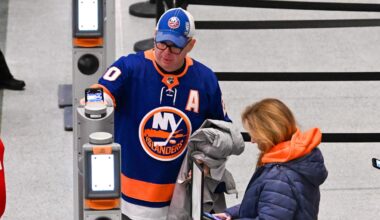 Jan 23, 2024; Elmont, New York, USA;  Fans scan tickets prior to entering the arena as the New York Islanders host the Vegas Golden Knights at UBS Arena. Mandatory Credit: Dennis Schneidler-Imagn Images