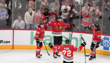 Apr 15, 2026; Chicago, Illinois, USA; Chicago Blackhawks defenseman Louis Crevier (46) celebrates his goal against the San Jose Sharks during the third period at United Center. Mandatory Credit: David Banks-Imagn Images