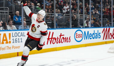 Mar 9, 2026; Vancouver, British Columbia, CAN; Ottawa Senators forward Brady Tkachuk (7) celebrates his goal against the Vancouver Canucks in the third period at Rogers Arena. Mandatory Credit: Bob Frid-Imagn Images