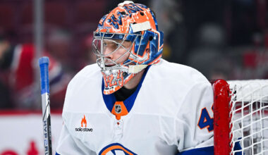 Dec 3, 2024; Montreal, Quebec, CAN; New York Islanders goalie Semyon Varlamov (40) looks on during warm-up before the game against the Montreal Canadiens at Bell Centre. Mandatory Credit: David Kirouac-Imagn Images