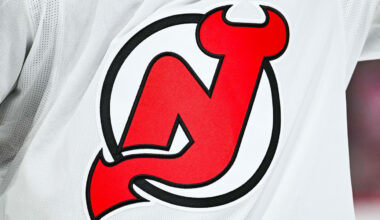 View of a New Jersey Devils logo: David Kirouac-Imagn Images