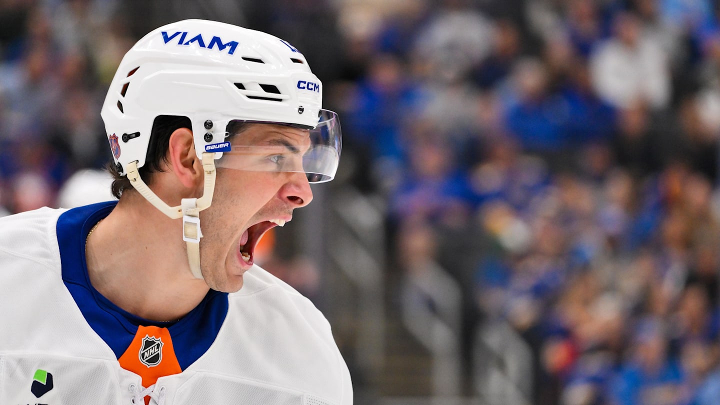 Mar 10, 2026; St. Louis, Missouri, USA; New York Islanders center Mathew Barzal (13) reacts after center Bo Horvat (not pictured) scored the game tying goal against the St. Louis Blues during the third period at Enterprise Center. Mandatory Credit: Jeff Curry-Imagn Images