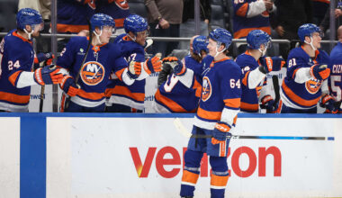 Apr 9, 2026; Elmont, New York, USA;  New York Islanders center Calum Ritchie (64) celebrates with teammates after scoring a goal in the third period against the Toronto Maple Leafs at UBS Arena. Mandatory Credit: Wendell Cruz-Imagn Images