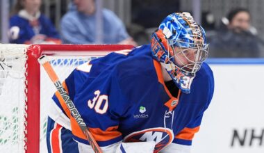 Apr 3, 2026; Elmont, New York, USA;  New York Islanders goaltender Ilya Sorokin (30) waits for a face-off during the third period against the Philadelphia Flyers at UBS Arena. Mandatory Credit: Alexander Wohl-Imagn Images