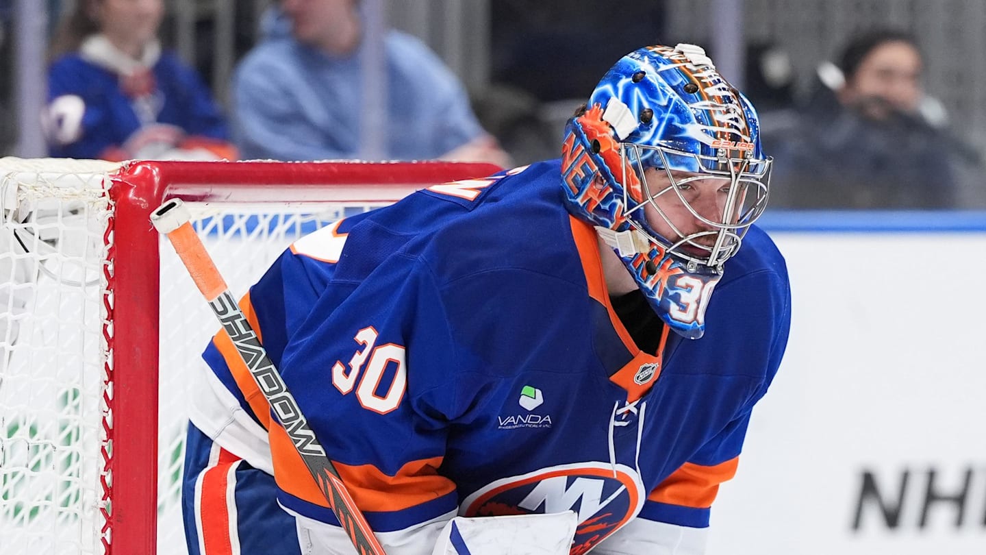 Apr 3, 2026; Elmont, New York, USA;  New York Islanders goaltender Ilya Sorokin (30) waits for a face-off during the third period against the Philadelphia Flyers at UBS Arena. Mandatory Credit: Alexander Wohl-Imagn Images