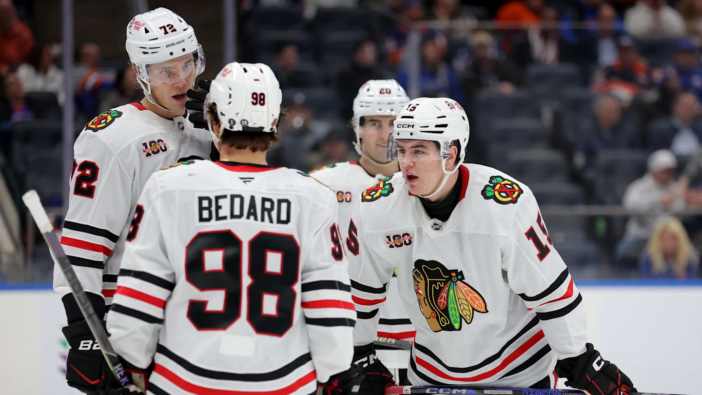 Mar 24, 2026; Elmont, New York, USA; Chicago Blackhawks center Anton Frondell (15) talks to center Connor Bedard (98) and defenseman Alex Vlasic (72) during the third period at UBS Arena. Mandatory Credit: Brad Penner-Imagn Images