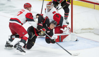 Apr 5, 2026; Ottawa, Ontario, CAN; Carolina Hurricanes right wing Andrei Svechnikov (37) takes Ottawa Senators center Tim Stutzle (18) off the puck in the third period at the Canadian Tire Centre. Mandatory Credit: Marc DesRosiers-IMAGN Images