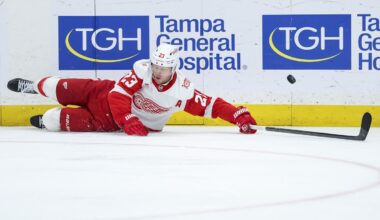 Apr 13, 2026; Tampa, Florida, USA; Detroit Red Wings left wing Lucas Raymond (23) looses the puck against the Tampa Bay Lightning in the second period at Benchmark International Arena. Mandatory Credit: Nathan Ray Seebeck-Imagn Images