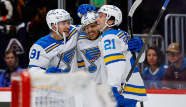 Apr 5, 2026; Denver, Colorado, USA; St. Louis Blues center Robert Thomas (18) celebrates his third goal of the game with left wing Dylan Holloway (81) and right wing Jimmy Snuggerud (21) in the third period against the Colorado Avalanche at Ball Arena. Mandatory Credit: Isaiah J. Downing-Imagn Images