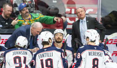 Mar 29, 2025; Ottawa, Ontario, CAN; Columbus Blue Jackets head coach Dean Evason looks up at a replay during a timeout in the third period against the Ottawa Senators at the Canadian Tire Centre. Mandatory Credit: Marc DesRosiers-Imagn Images