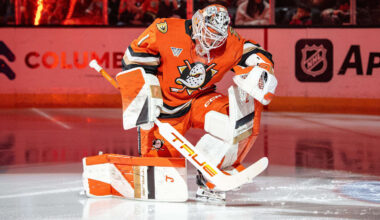 Apr 12, 2026; Anaheim, California, USA; Anaheim Ducks goaltender Lukas Dostal (1) before a game against the Vancouver Canucks  at Honda Center. Mandatory Credit: Corinne Votaw-Imagn Images