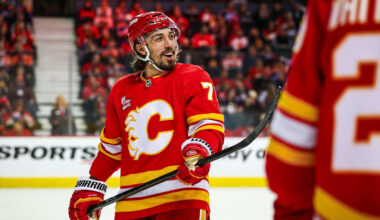 Feb 4, 2026; Calgary, Alberta, CAN; Calgary Flames left wing Ryan Lomberg (70) during the third period against the Edmonton Oilers at Scotiabank Saddledome. Mandatory Credit: Sergei Belski-Imagn Images