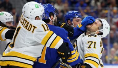 Mar 25, 2026; Buffalo, New York, USA;  The Boston Bruins and the Buffalo Sabres players get into a scrum after the whistle during the first period at KeyBank Center. Mandatory Credit: Timothy T. Ludwig-Imagn Images