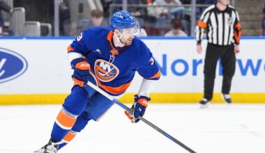 Apr 3, 2026; Elmont, New York, USA;  New York Islanders defenseman Adam Pelech during the third period against the Philadelpia Flyers at UBS Arena. Mandatory Credit: Alexander Wohl-Imagn Images