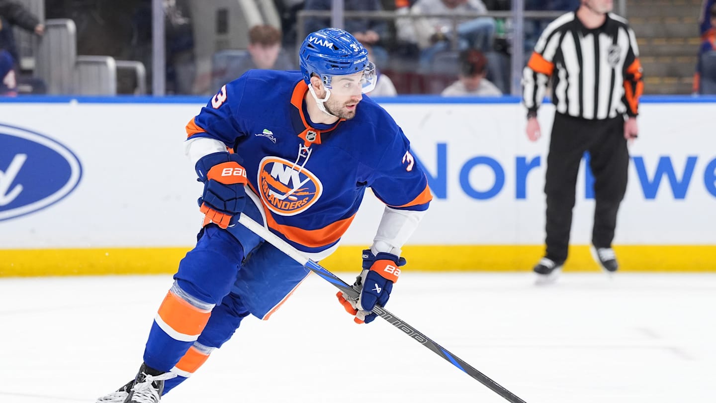 Apr 3, 2026; Elmont, New York, USA;  New York Islanders defenseman Adam Pelech during the third period against the Philadelpia Flyers at UBS Arena. Mandatory Credit: Alexander Wohl-Imagn Images