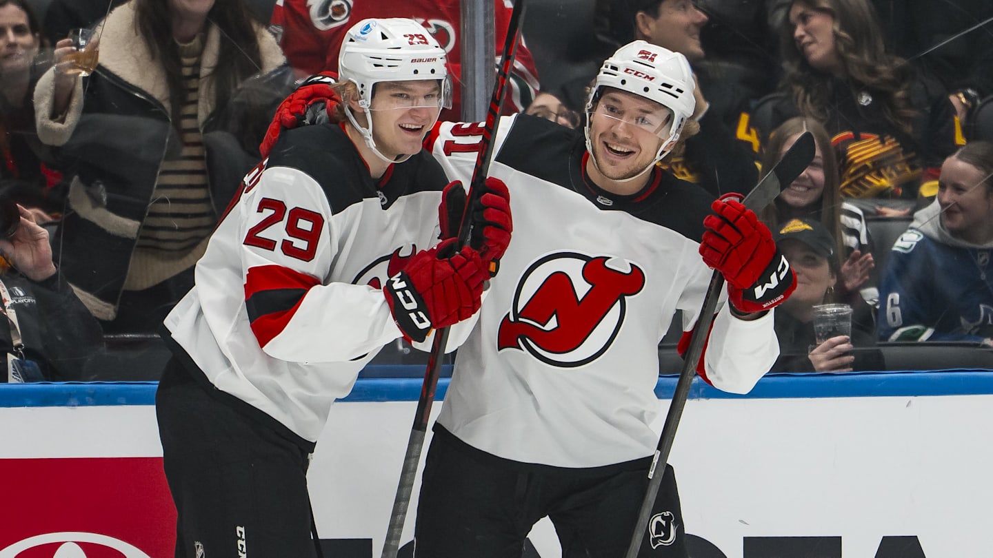 Jan 23, 2026; Vancouver, British Columbia, CAN; New Jersey Devils forward Lenni Hameenaho (29) and forward Arseny Gritsyuk (81) celebrate Hameenaho’s goal against the Vancouver Canucks in the first period at Rogers Arena. Mandatory Credit: Bob Frid-Imagn Images