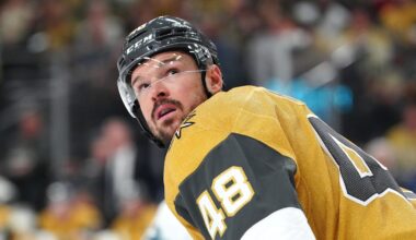Apr 15, 2026; Las Vegas, Nevada, USA; Vegas Golden Knights center Tomas Hertl (48) awaits a face off against the Seattle Kraken during the first period at T-Mobile Arena. Mandatory Credit: Stephen R. Sylvanie-Imagn Images