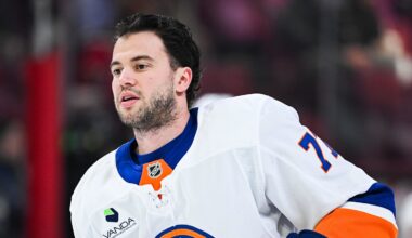 Mar 21, 2026; Montreal, Quebec, CAN; New York Islanders defenseman Tony DeAngelo (77) looks on during warm-up before the game against the Montreal Canadiens at Bell Centre. Mandatory Credit: David Kirouac-Imagn Images