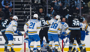 Apr 16, 2026; Salt Lake City, Utah, USA; St. Louis Blues right wing Alexey Toropchenko (13) scores a goal that is called off for interference during the second period of a game against the St. Louis Blues at Delta Center. Mandatory Credit: Rob Gray-Imagn Images