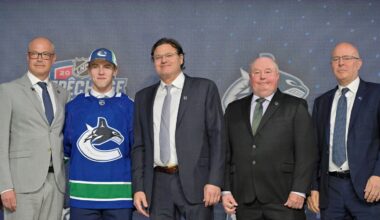 Jul 7, 2022; Montreal, Quebec, CANADA; Jonathan Lekkerimaki after being selected as the number fifteen overall pick to the Vancouver Canucks in the first round of the 2022 NHL Draft at Bell Centre. Mandatory Credit: Eric Bolte-Imagn Images