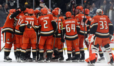 Jan 16, 2026; Los Angeles, California, USA;  Anaheim Ducks players celebrate a win after defeating the Los Angeles Kings 3-2 at Crypto.com Arena. Mandatory Credit: Kiyoshi Mio-Imagn Images