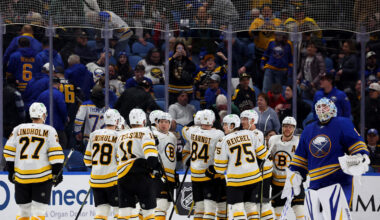 Mar 25, 2026; Buffalo, New York, USA;  The Boston Bruins celebrate a win over the Buffalo Sabres at KeyBank Center. Mandatory Credit: Timothy T. Ludwig-Imagn Images