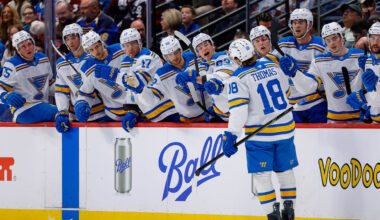 Apr 5, 2026; Denver, Colorado, USA; St. Louis Blues center Robert Thomas (18) celebrates with the bench after his goal in the first period against the Colorado Avalanche at Ball Arena. Mandatory Credit: Isaiah J. Downing-Imagn Images