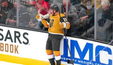 Apr 15, 2026; Las Vegas, Nevada, USA; Vegas Golden Knights right wing Reilly Smith (19) celebrates after scoring a goal against the Seattle Kraken during the third period at T-Mobile Arena. Mandatory Credit: Stephen R. Sylvanie-Imagn Images