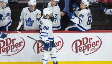 Apr 15, 2026; Ottawa, Ontario, CAN; Toronto Maple Leafs right wing William Nylander (88) celebrates with team his goal scored in the third period against the Ottawa Senators at the Canadian Tire Centre. Mandatory Credit: Marc DesRosiers-IMAGN Images