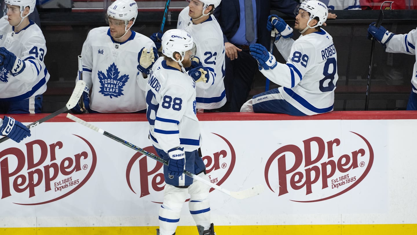 Apr 15, 2026; Ottawa, Ontario, CAN; Toronto Maple Leafs right wing William Nylander (88) celebrates with team his goal scored in the third period against the Ottawa Senators at the Canadian Tire Centre. Mandatory Credit: Marc DesRosiers-IMAGN Images