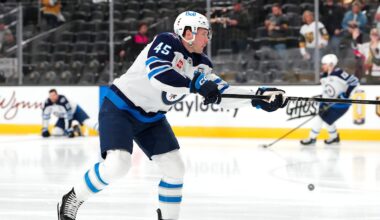 Apr 13, 2026; Las Vegas, Nevada, USA; Winnipeg Jets left wing Cole Koepke (45) warms up before the start of a game against the Vegas Golden Knights at T-Mobile Arena. Mandatory Credit: Stephen R. Sylvanie-Imagn Images