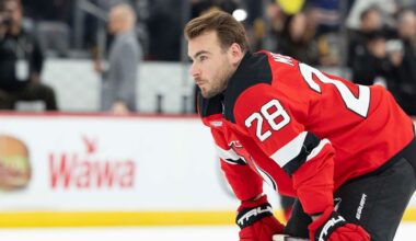 Apr 9, 2026; Newark, New Jersey, USA; New Jersey Devils right wing Timo Meier (28)  before the game against against the Pittsburgh Penguins at Prudential Center. Mandatory Credit: Luther Schlaifer-Imagn Images