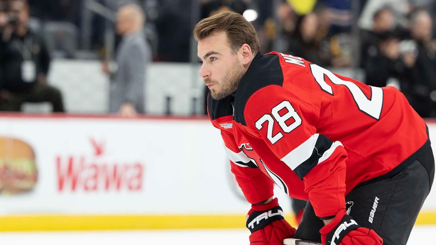 Apr 9, 2026; Newark, New Jersey, USA; New Jersey Devils right wing Timo Meier (28)  before the game against against the Pittsburgh Penguins at Prudential Center. Mandatory Credit: Luther Schlaifer-Imagn Images