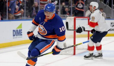 Mar 28, 2026; Elmont, New York, USA; New York Islanders center Brayden Schenn (10) celebrates his goal against the Florida Panthers during the second period at UBS Arena. Mandatory Credit: Brad Penner-Imagn Images