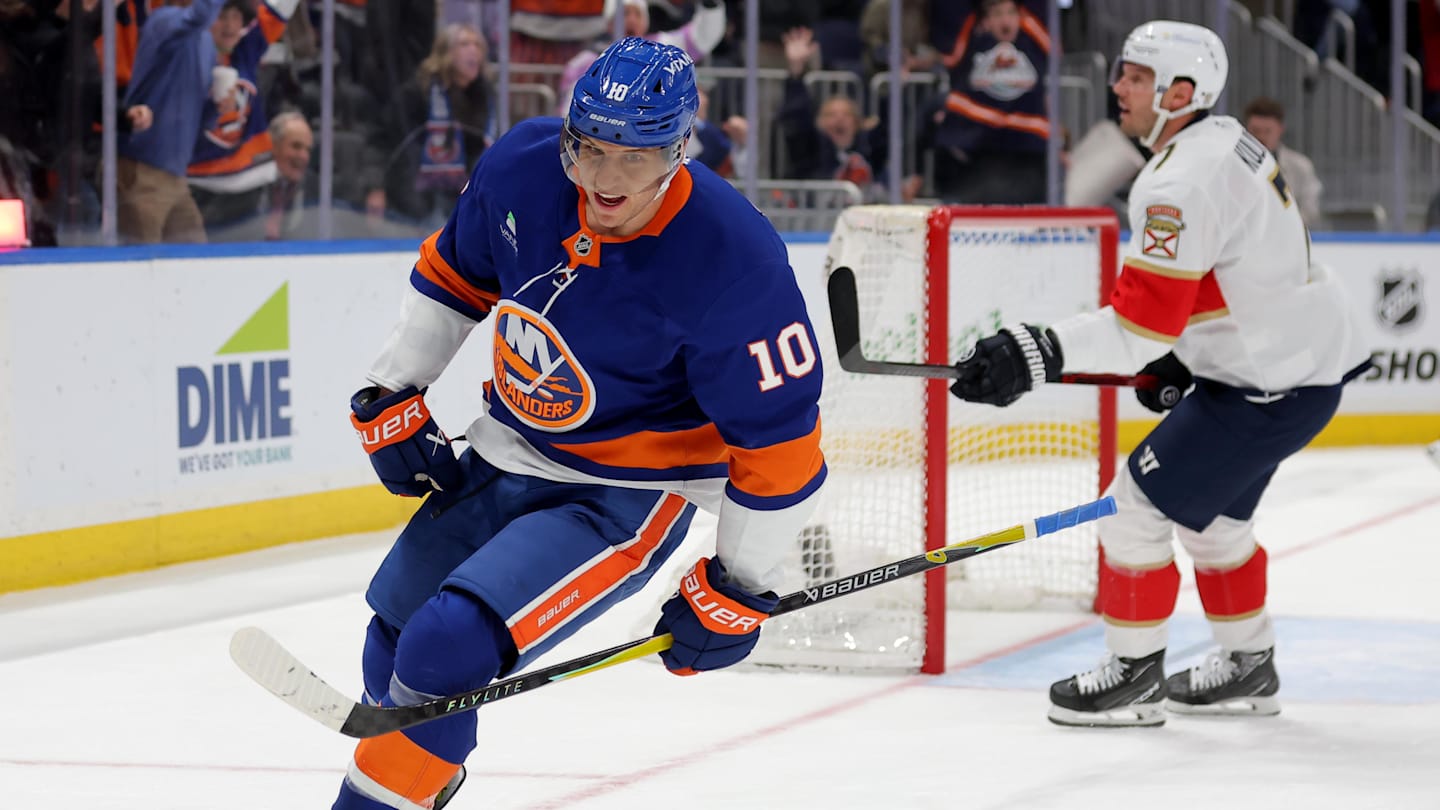 Mar 28, 2026; Elmont, New York, USA; New York Islanders center Brayden Schenn (10) celebrates his goal against the Florida Panthers during the second period at UBS Arena. Mandatory Credit: Brad Penner-Imagn Images