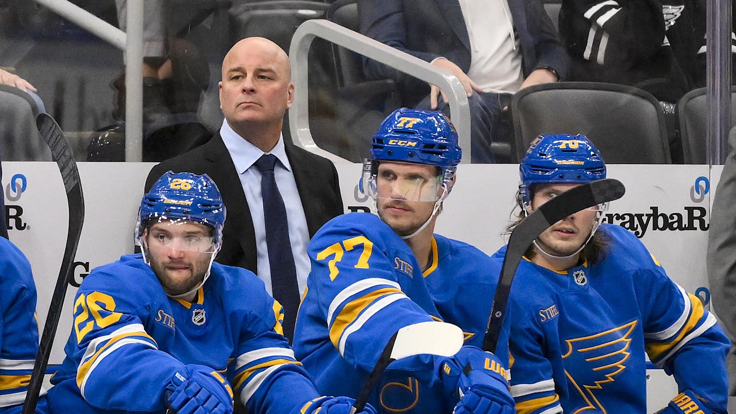 Nov 15, 2025; St. Louis, Missouri, USA; St. Louis Blues head coach Jim Montgomery looks on during the third period against the Vegas Golden Knights at Enterprise Center. Mandatory Credit: Jeff Curry-Imagn Images