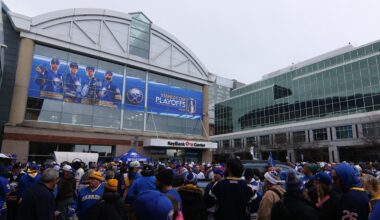 Apr 19, 2026; Buffalo, New York, USA; Fans wait for the doors to open before a game between the Buffalo Sabres and the Boston Bruins in game one of the first round of the 2026 Stanley Cup Playoffs at KeyBank Center. Mandatory Credit: Timothy T. Ludwig-Imagn Images