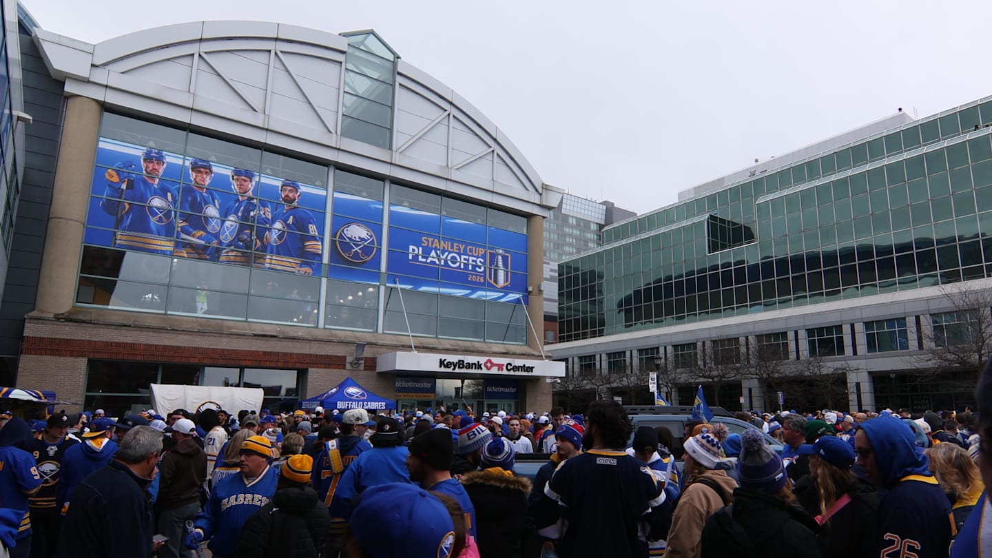 Apr 19, 2026; Buffalo, New York, USA; Fans wait for the doors to open before a game between the Buffalo Sabres and the Boston Bruins in game one of the first round of the 2026 Stanley Cup Playoffs at KeyBank Center. Mandatory Credit: Timothy T. Ludwig-Imagn Images