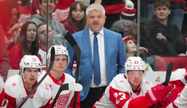 Feb 28, 2026; Raleigh, North Carolina, USA;  Detroit Red Wings head coach Todd McLellan looks on against the Carolina Hurricanes during the third period at Lenovo Center. Mandatory Credit: James Guillory-Imagn Images