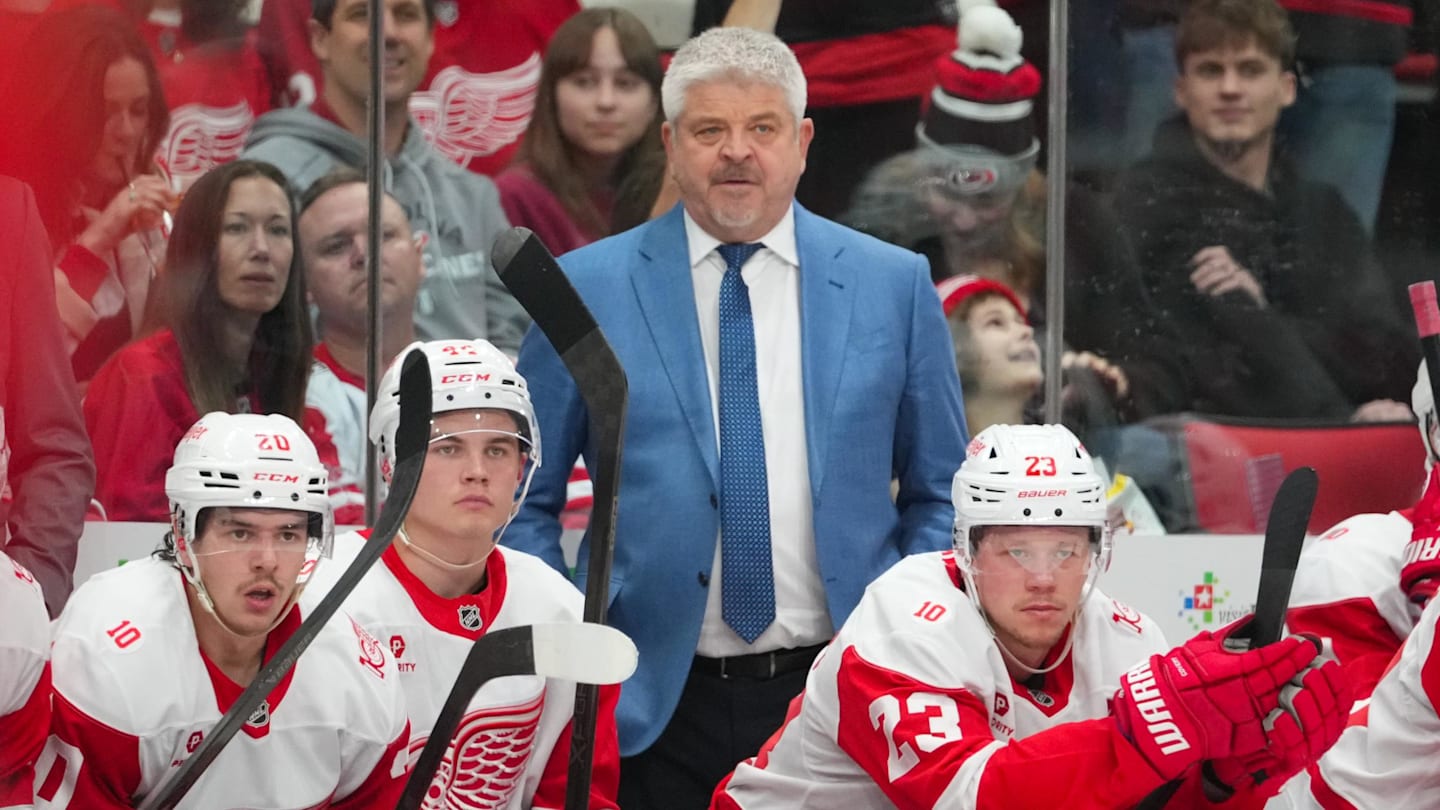 Feb 28, 2026; Raleigh, North Carolina, USA;  Detroit Red Wings head coach Todd McLellan looks on against the Carolina Hurricanes during the third period at Lenovo Center. Mandatory Credit: James Guillory-Imagn Images