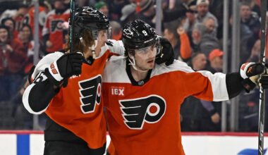 Feb 3, 2026; Philadelphia, Pennsylvania, USA; Philadelphia Flyers defenseman Jamie Drysdale (9) celebrates his goal with center Trevor Zegras (46) against the Washington Capitals during the third period at Xfinity Mobile Arena. Mandatory Credit: Eric Hartline-Imagn Images