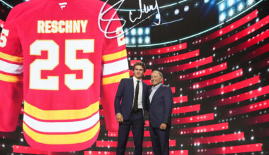 Jun 27, 2025; Los Angeles, California, USA; Cole Reschny is selected as the 18th overall pick to the Calgary Flames in the first round of the 2025 NHL Draft at Peacock Theater. Mandatory Credit: Kirby Lee-Imagn Images